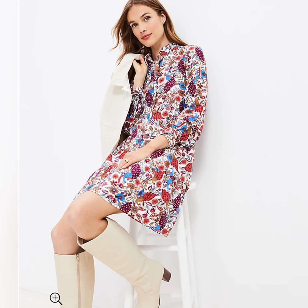 ***SOLD*** NWT LOFT Peacock Tie Neck Flounce Swing Dress, Sz S